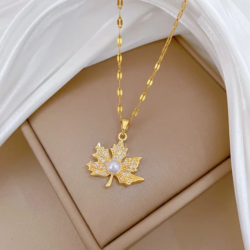 Gold Plated Maple Leaf Pearl Pendant Necklace