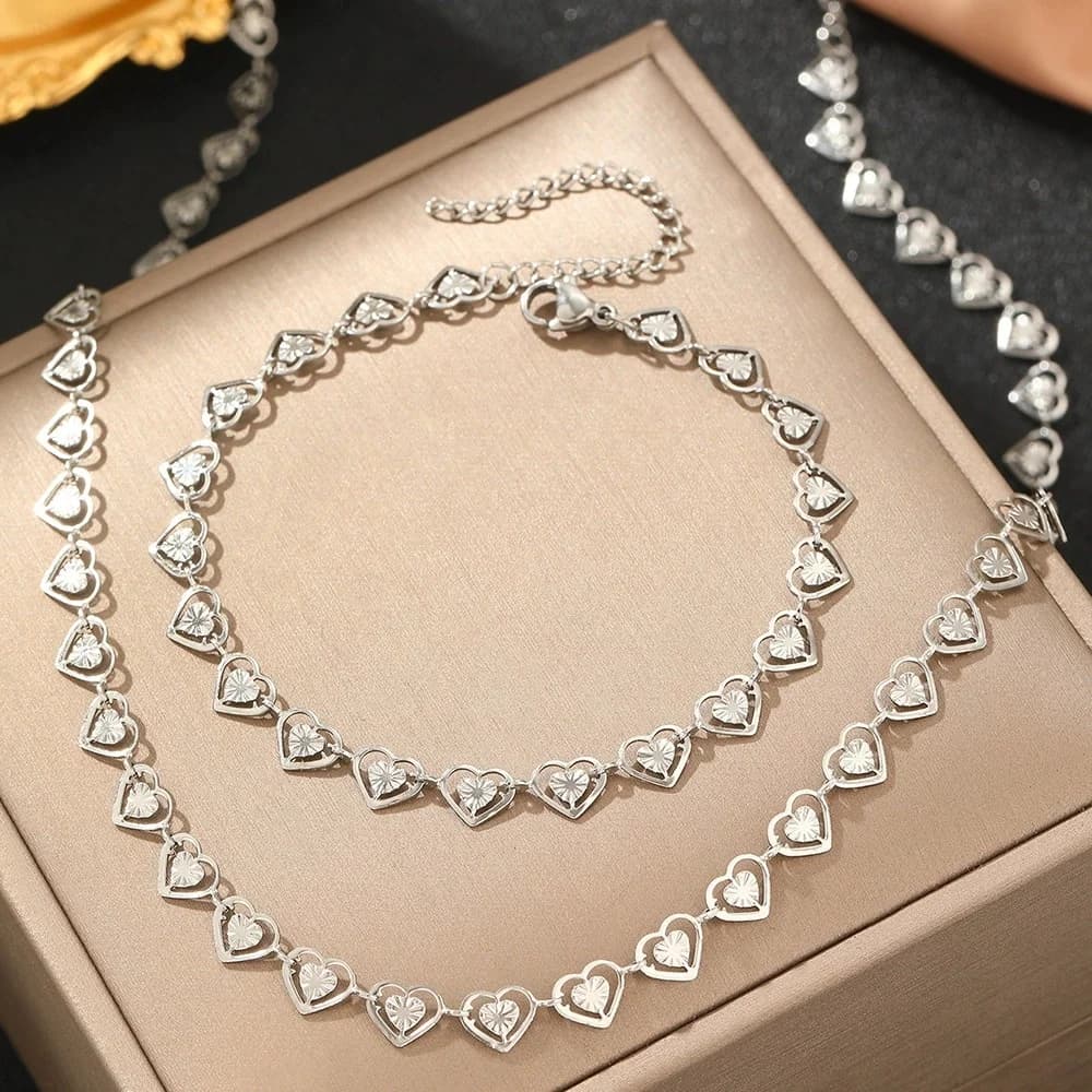 Silver Heart Necklace, Bracelet, and Earrings Set