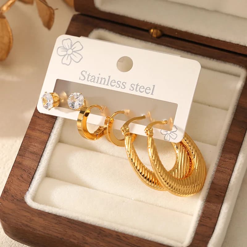 3-Pair Gold Color Round Hoop Earrings Set