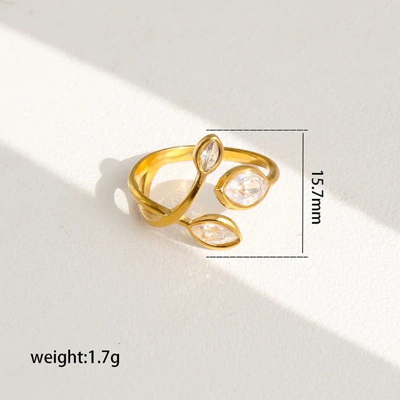 Stainless Steel Sparkling Zirconia Leaf Adjustable Ring