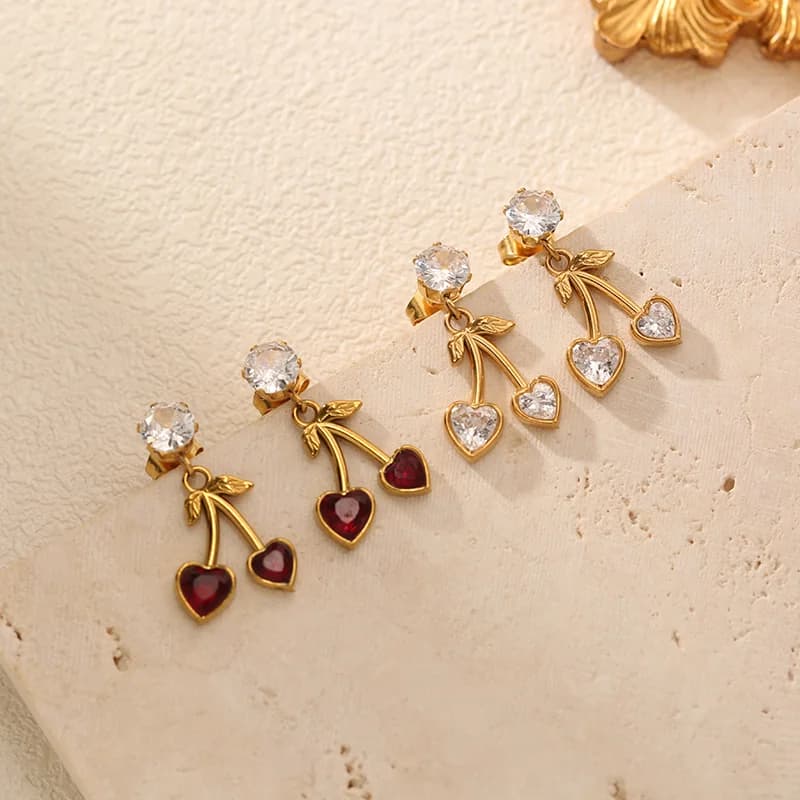 Cherry Zircon Stud Earrings, Waterproof Stainless Steel