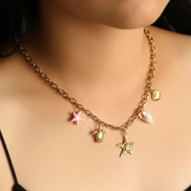 Gold Starfish Turtle Pendant Necklace