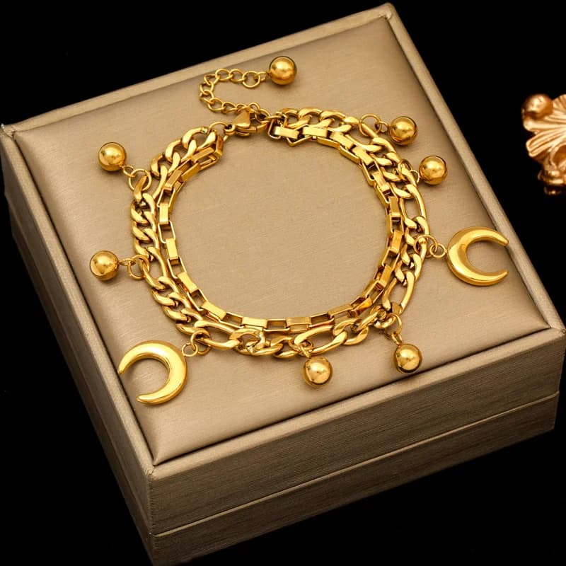 Gold Color Textured Charm Bracelet Wrist Chain