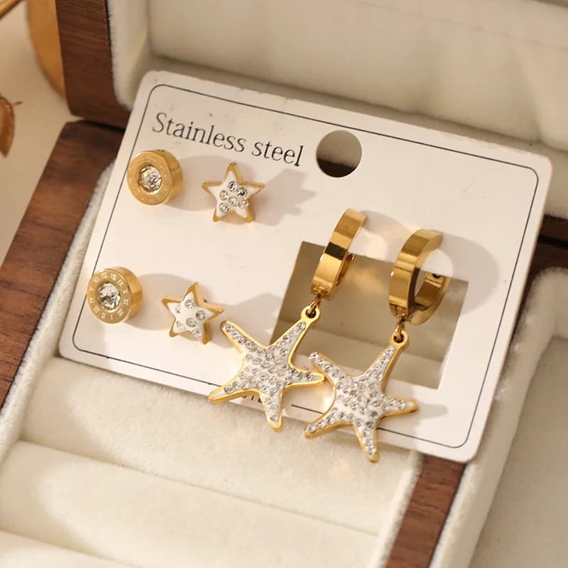 3-Pair Five-Pointed Star Zircon Stud Earring Set