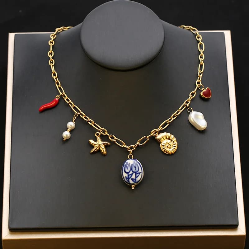 Gold Starfish Shell Sun Pendant Necklace