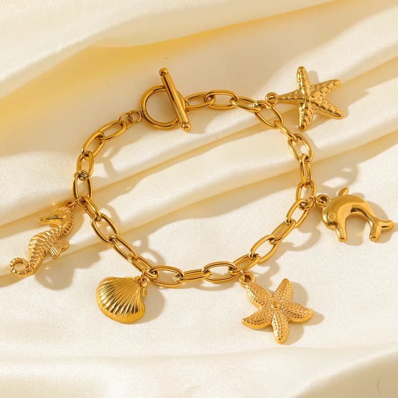 Starfish and Shell Charm Stainless Steel Bracelet