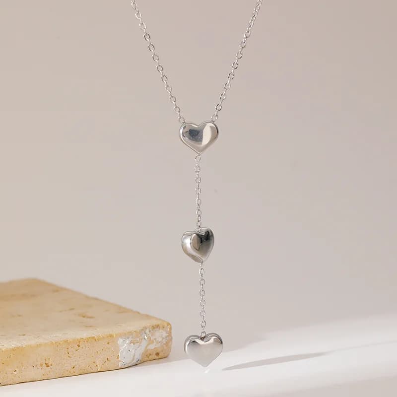Glossy Heart Necklace and Earrings Set, Silver