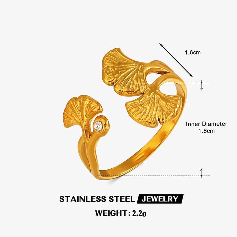 Ginkgo Leaf Zircon Adjustable Ring, Stainless Steel