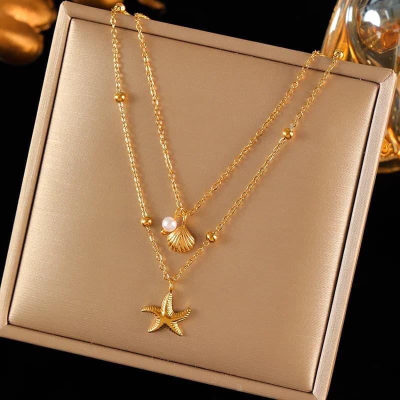 Double Chain Starfish Shell Pendant Necklace, Gold