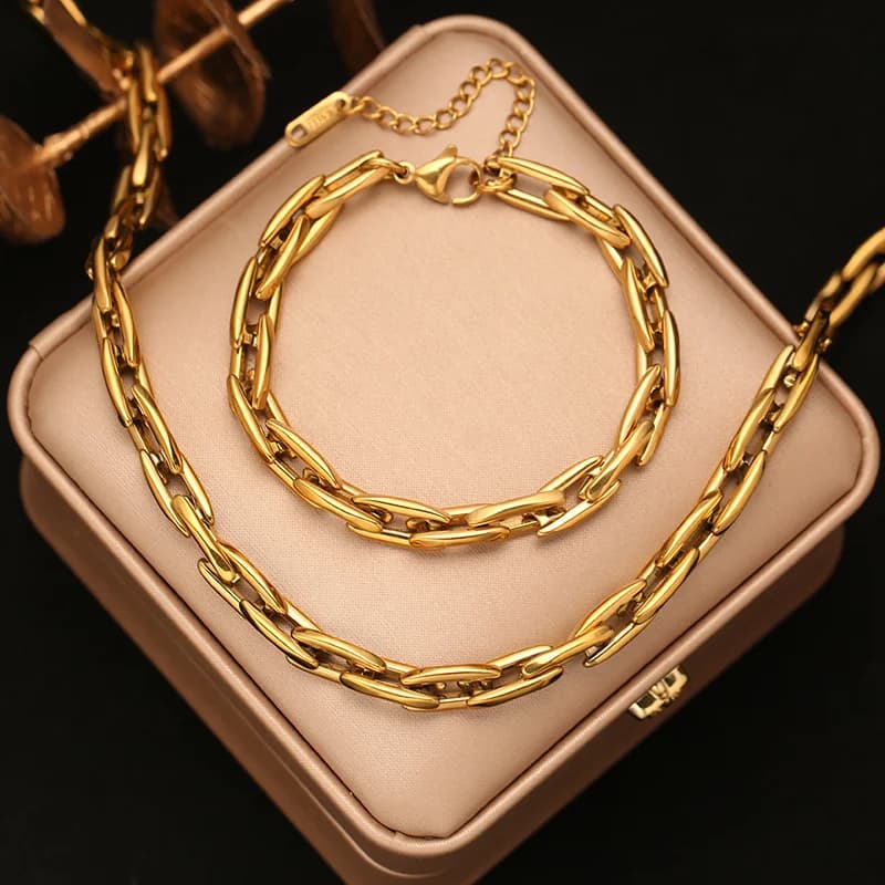 Thick Gold Chain Necklace and Bracelet Set