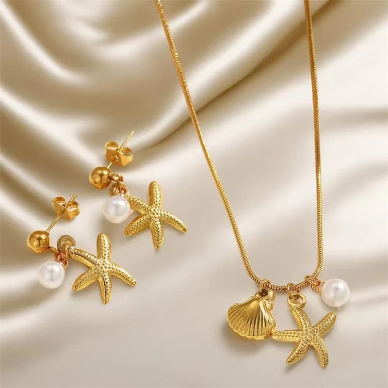 Набор «Морская звезда»: ожерелье с жемчугом и ракушкой и серьги